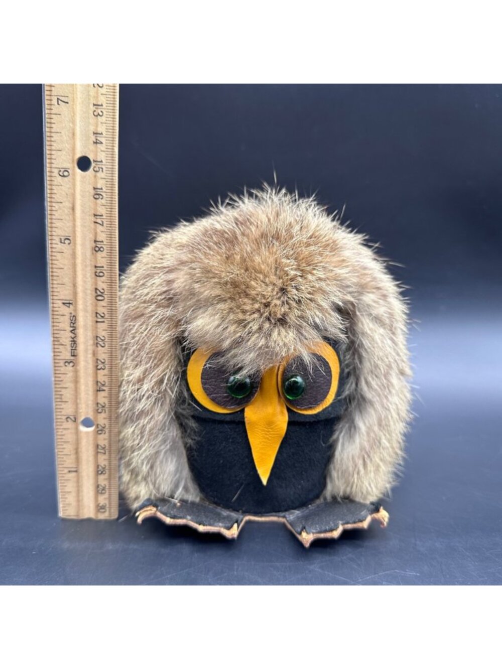 Vintage Owl Figurine Fur Leather Mid Century Kitsch Woodland Creature Retro - Picture 11 of 11